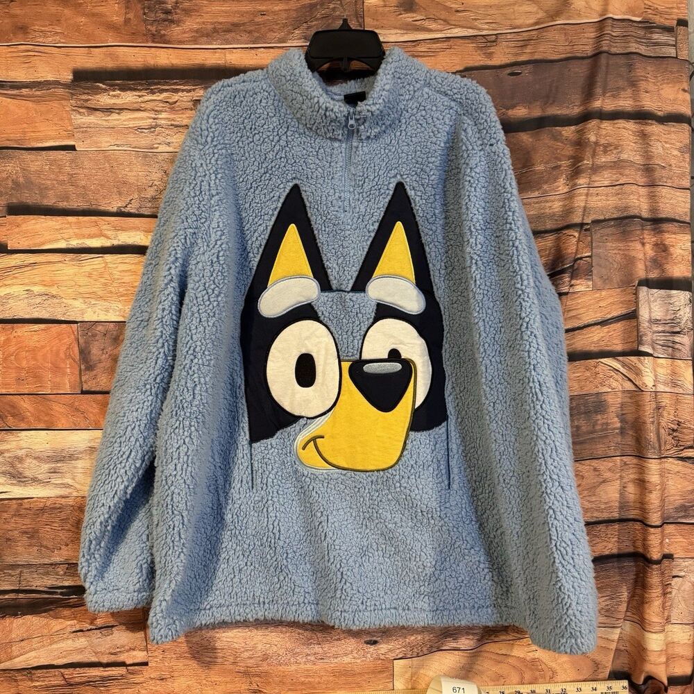 BLUEY Men's 3XL Blue Sherpa Quarter Zip Pullover Sweatshirt Ludo Studio